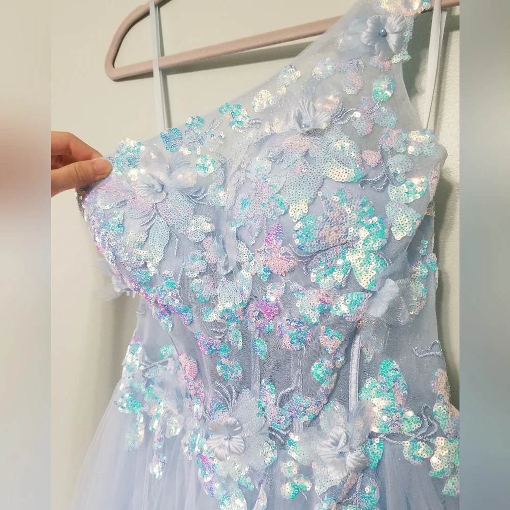 Light Blue Holographic Flower Gown - Picture 2 of 10